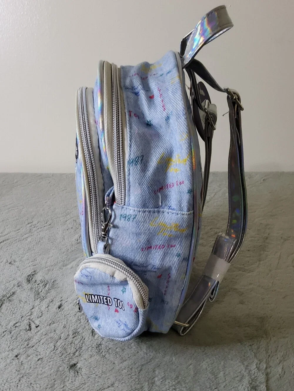 Limited Too Girl's Mini Backpack with Holographic Trim and Pastel Prints Demin